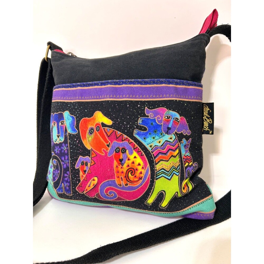 Laurel Burch Black Crossbody with Multicolor Dog Artwork